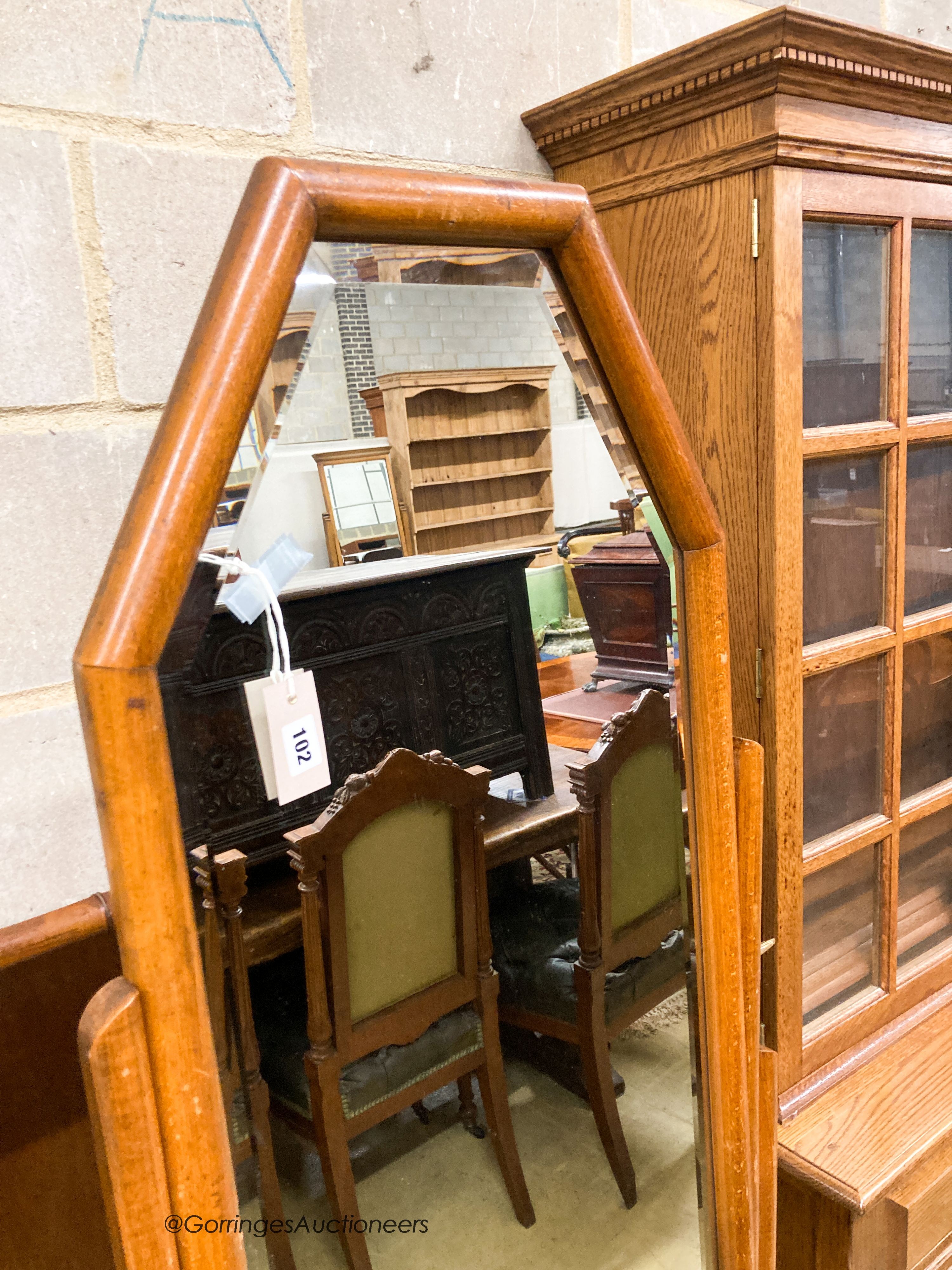 A French Art Deco beech cheval mirror, width 74cm, height 173cm